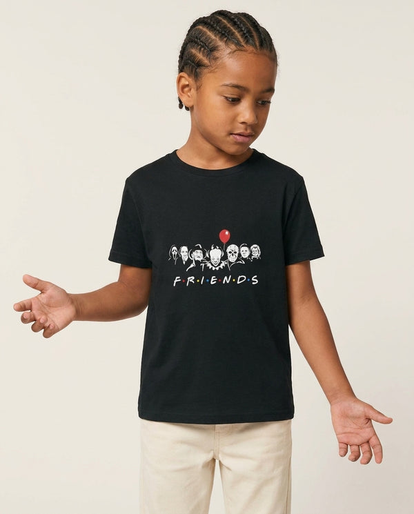 Horror Friends Kids T-Shirt — Black Front, worn
