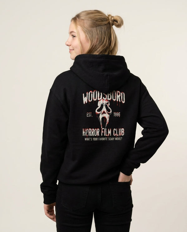 Woodsboro Horror Film Club Hoodie — Black Back, worn