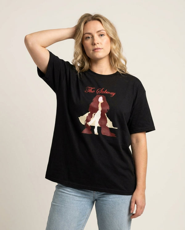 Subway Orange T-Shirt — Black Front, worn
