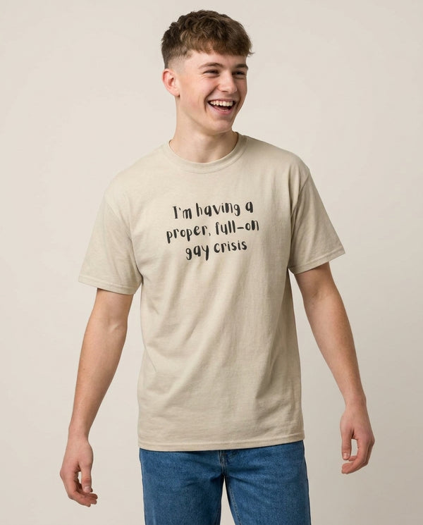 Gay Crisis - Heart TV T-Shirt — Sand Front, worn