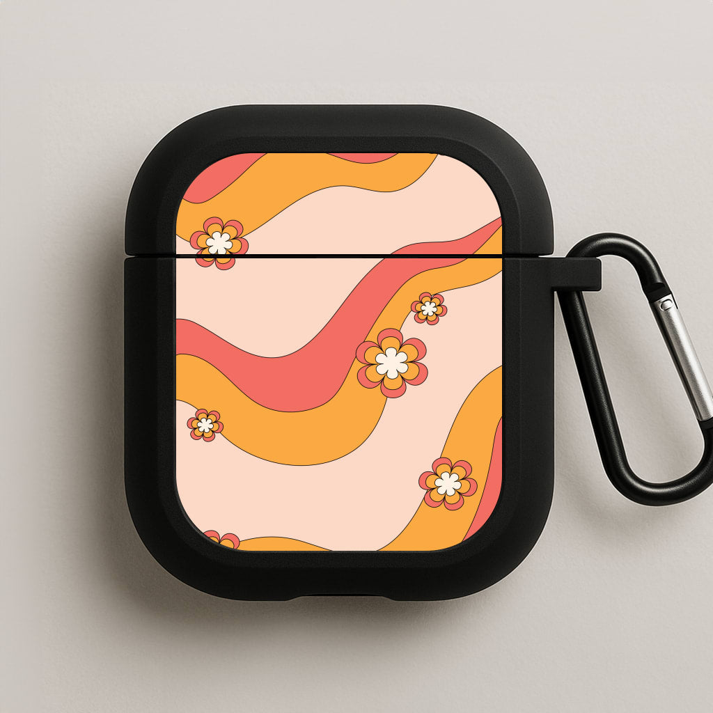 Waves And Flowers Orange Retro Pattern AirPods Case