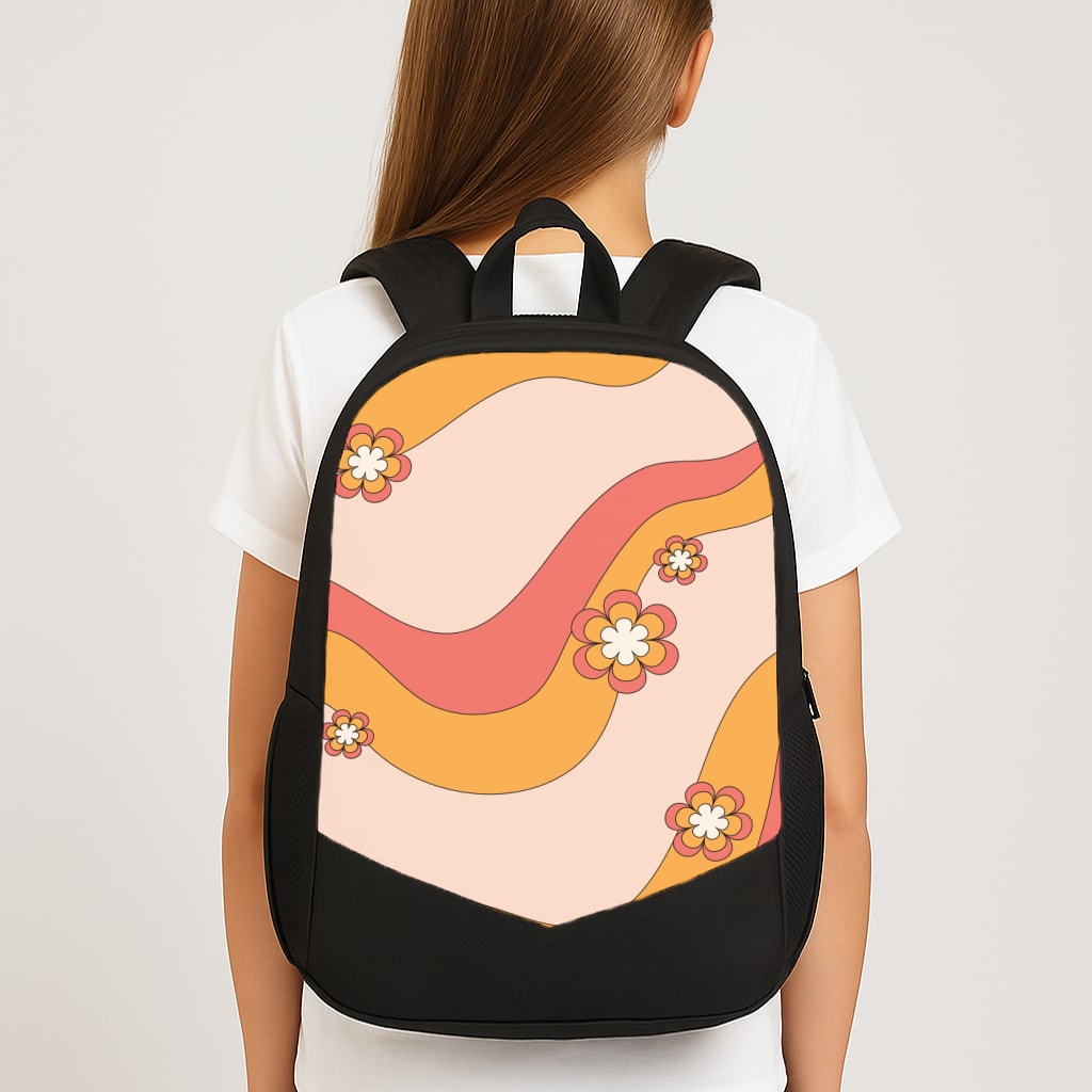 Waves And Flowers Orange Retro Pattern Large School Bag