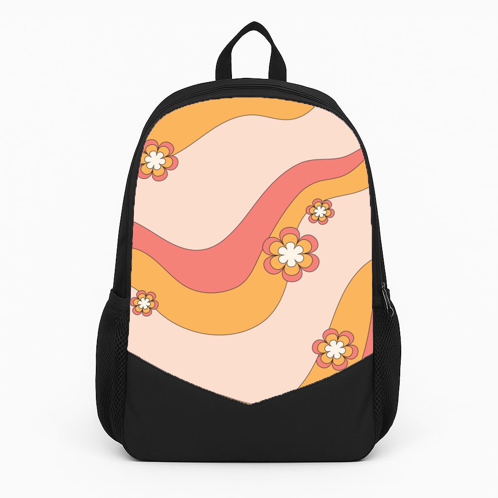 Waves And Flowers Orange Retro Pattern Large Backpack