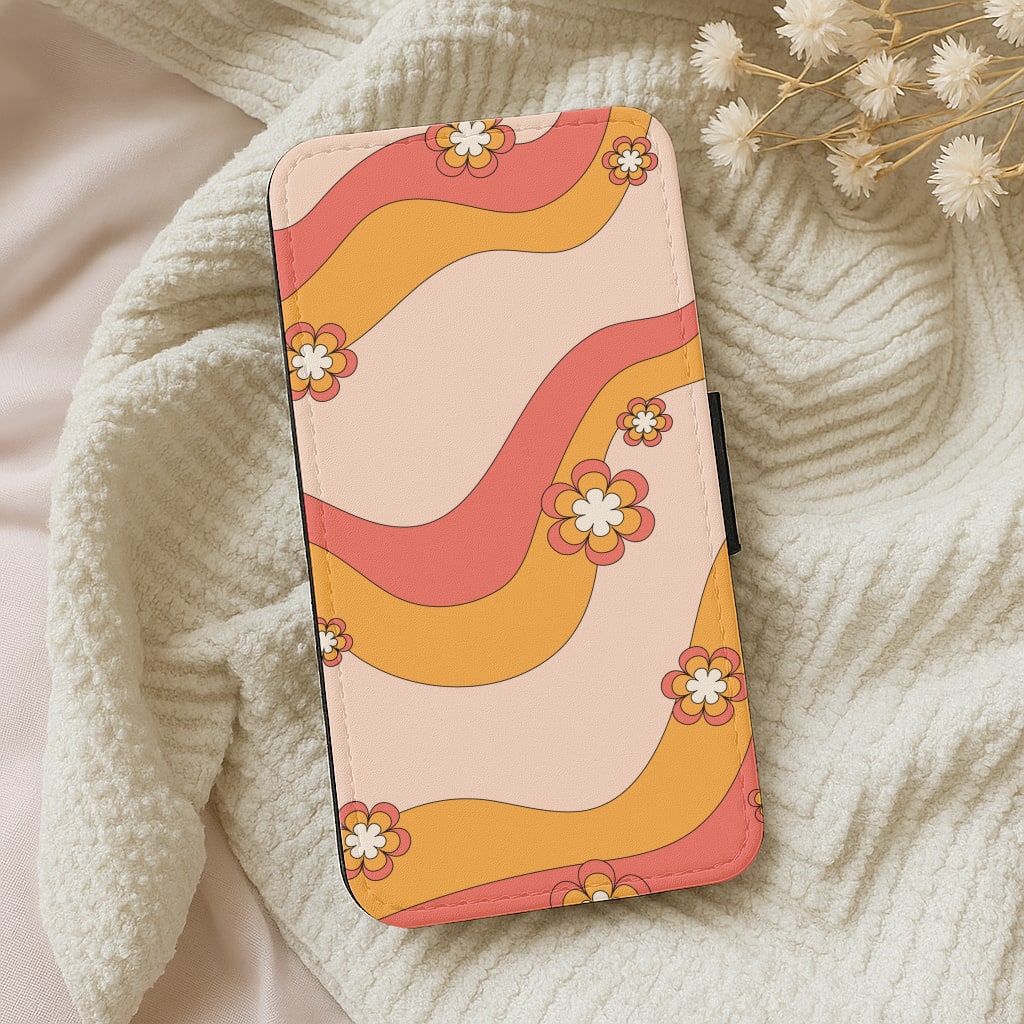 Waves And Flowers Orange Retro Pattern Wallet Phone Case
