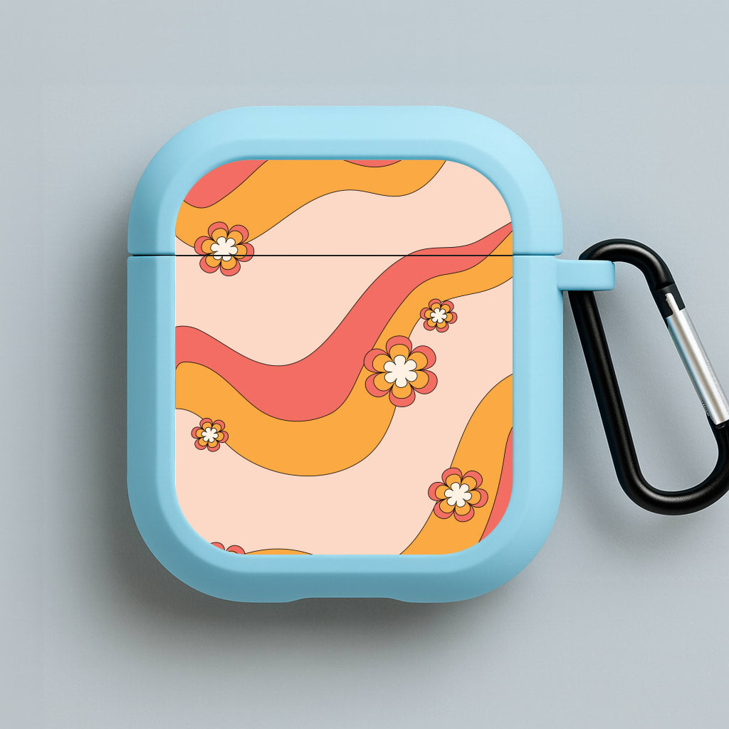 Waves And Flowers Orange Retro Pattern Blue AirPods Case