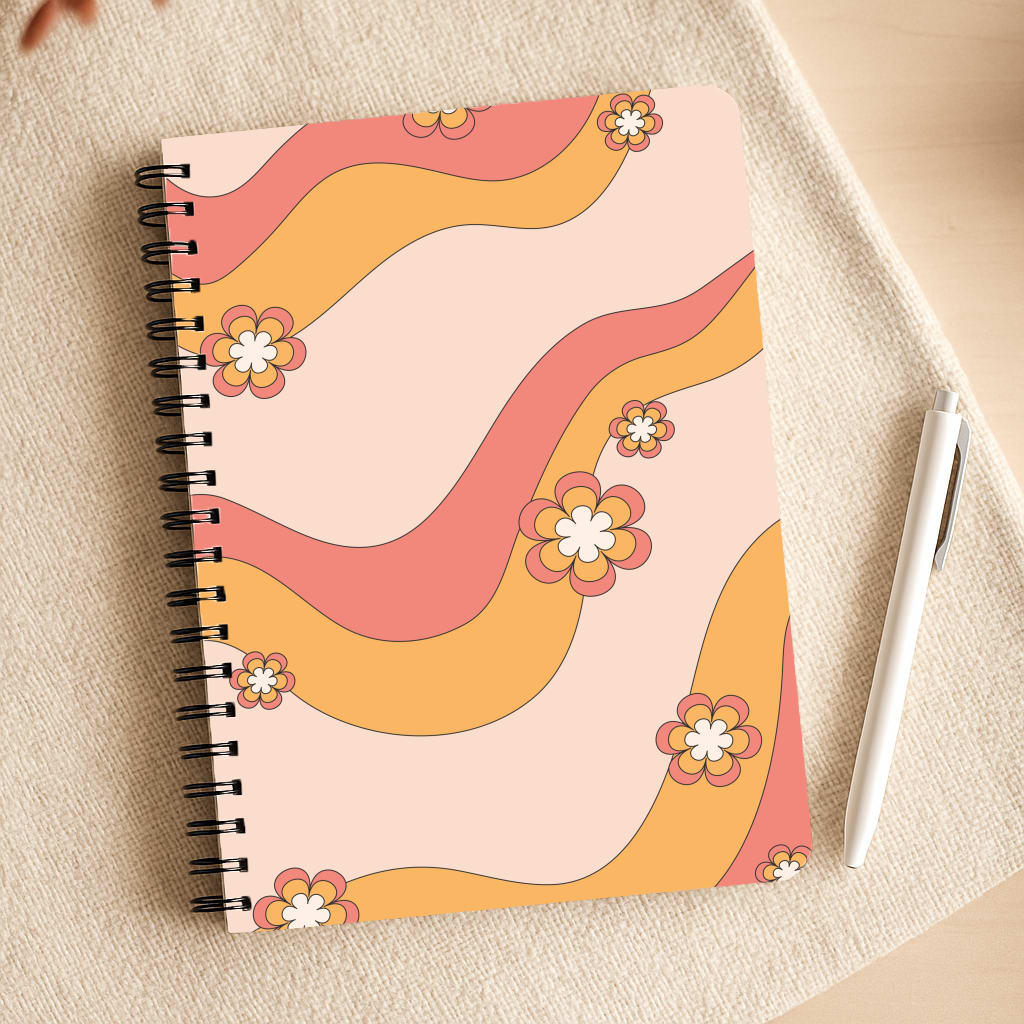 Waves And Flowers Orange Retro Pattern Notepad