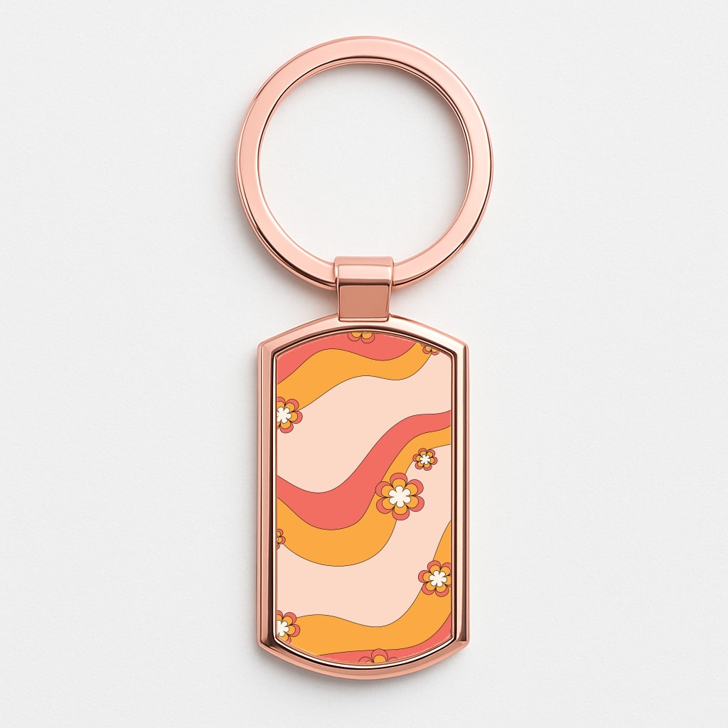 Waves And Flowers Orange Retro Pattern Rose Gold Keyring