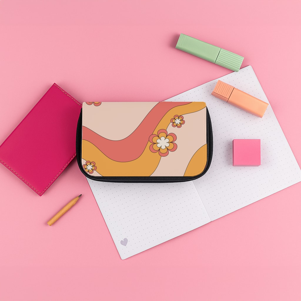 Waves And Flowers Orange Retro Pattern Pencil Case