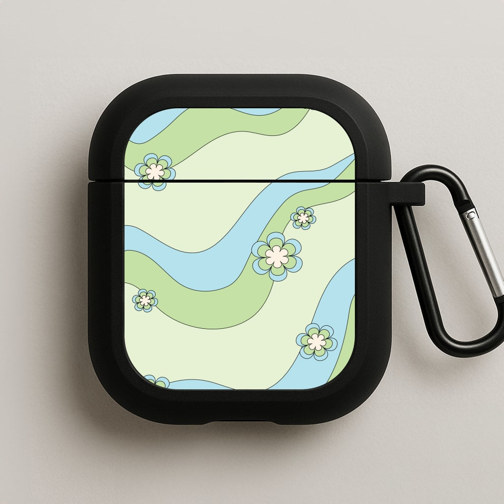 Waves And Flowers Green Retro Pattern AirPods Case