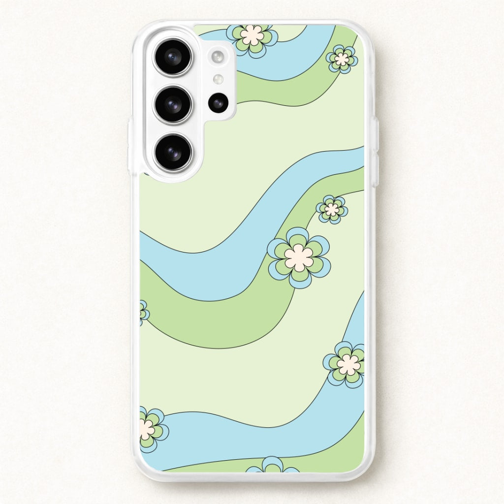 Waves And Flowers Green Retro Pattern Phone Case for Galaxy S26 Ultra