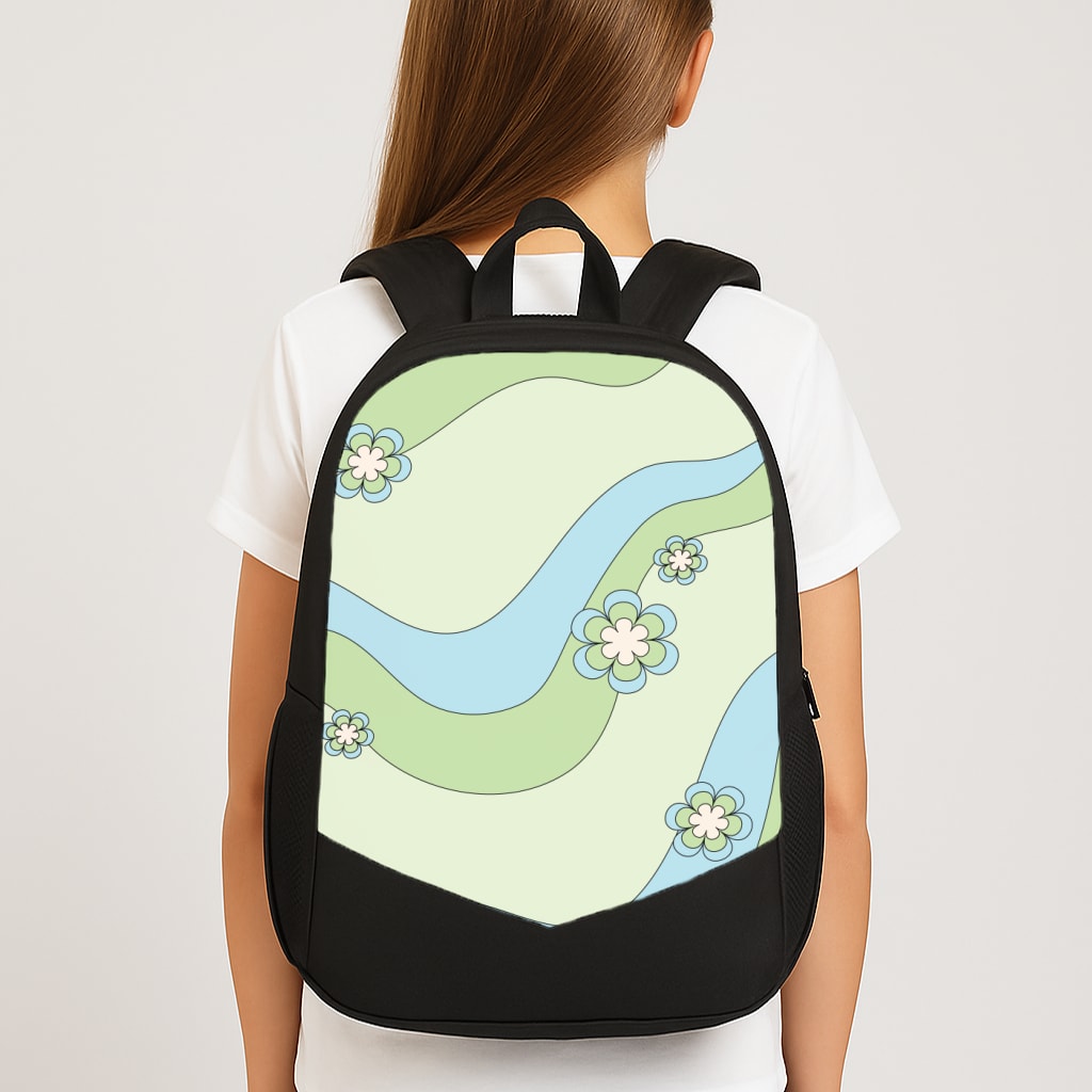 Waves And Flowers Green Retro Pattern Large School Bag