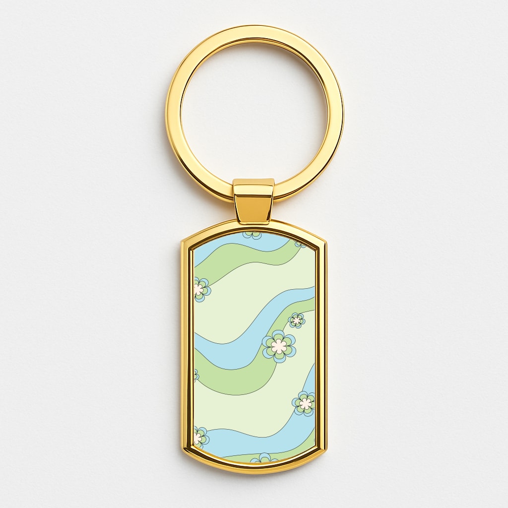 Waves And Flowers Green Retro Pattern Gold Keyring