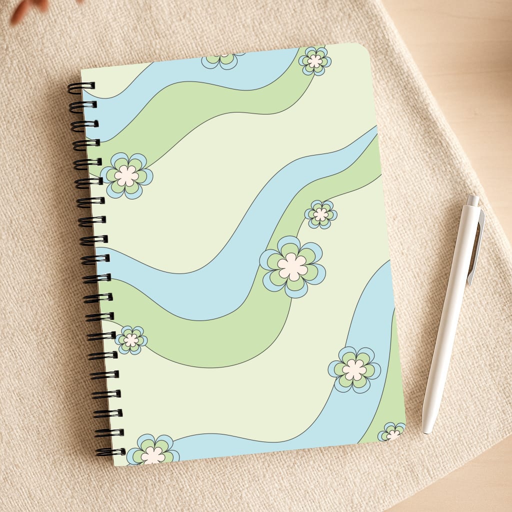 Waves And Flowers Green Retro Pattern Notepad