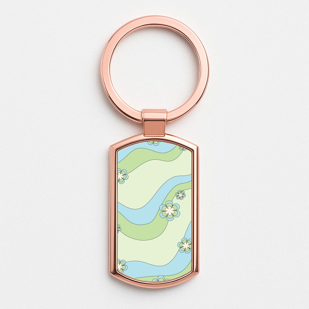 Waves And Flowers Green Retro Pattern Rose Gold Keyring