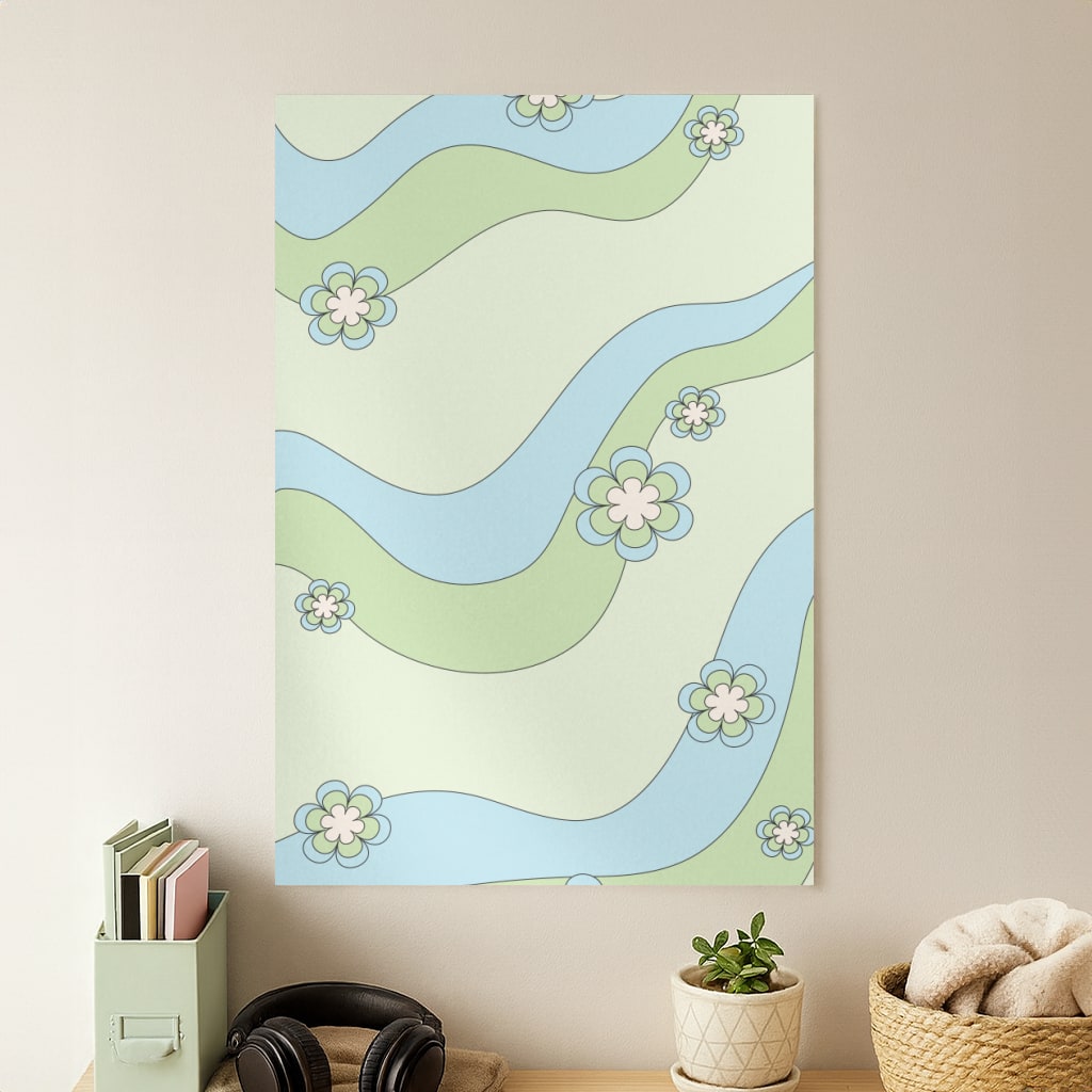 Waves And Flowers Green Retro Pattern Poster