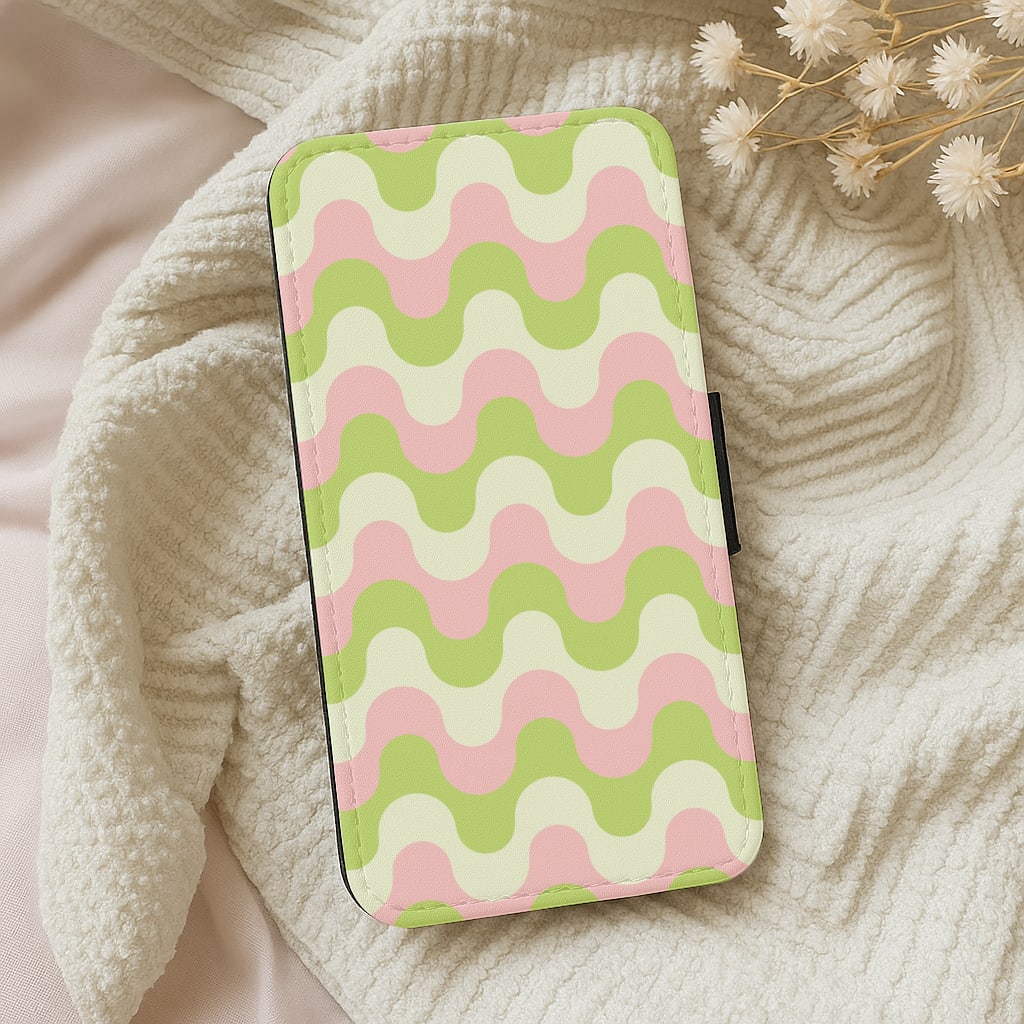 Green And Pink Retro Waves Pattern Wallet Phone Case