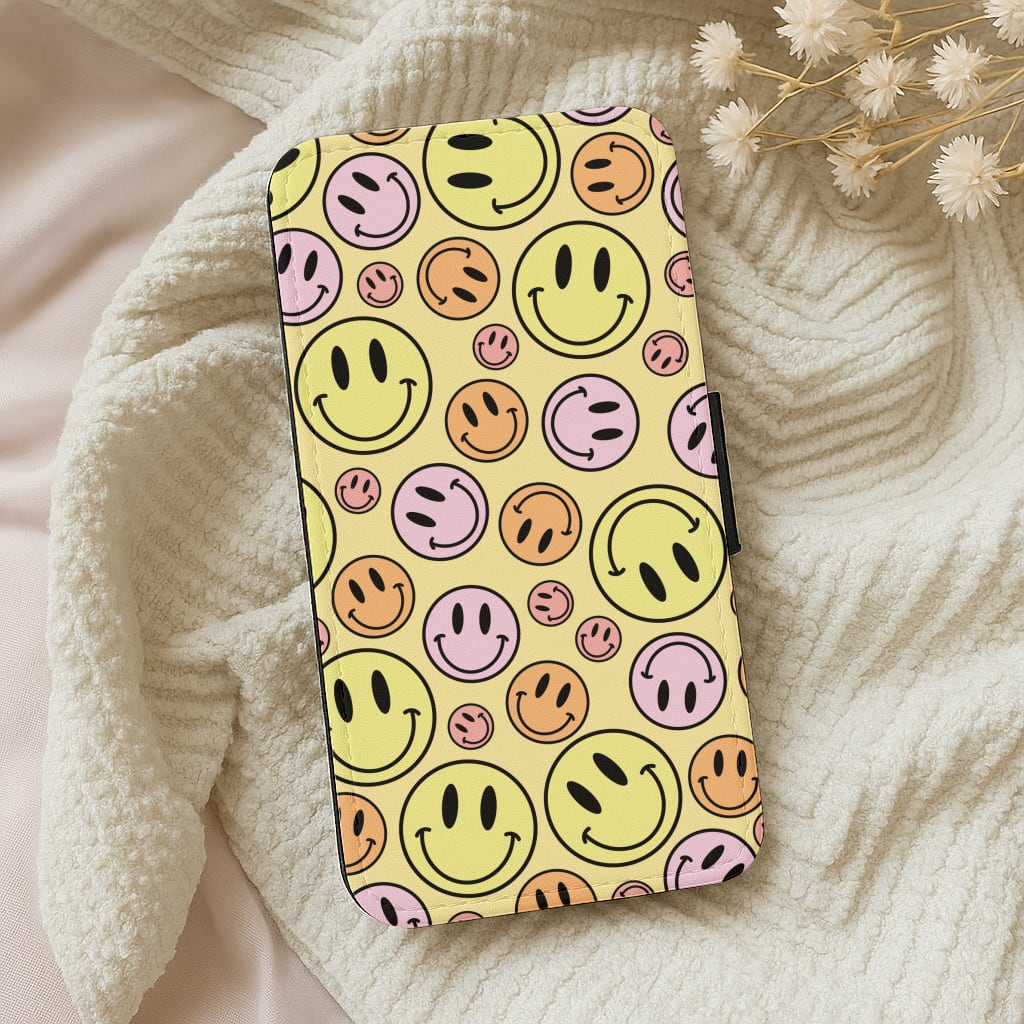 Retro Smileys Pattern Wallet Phone Case