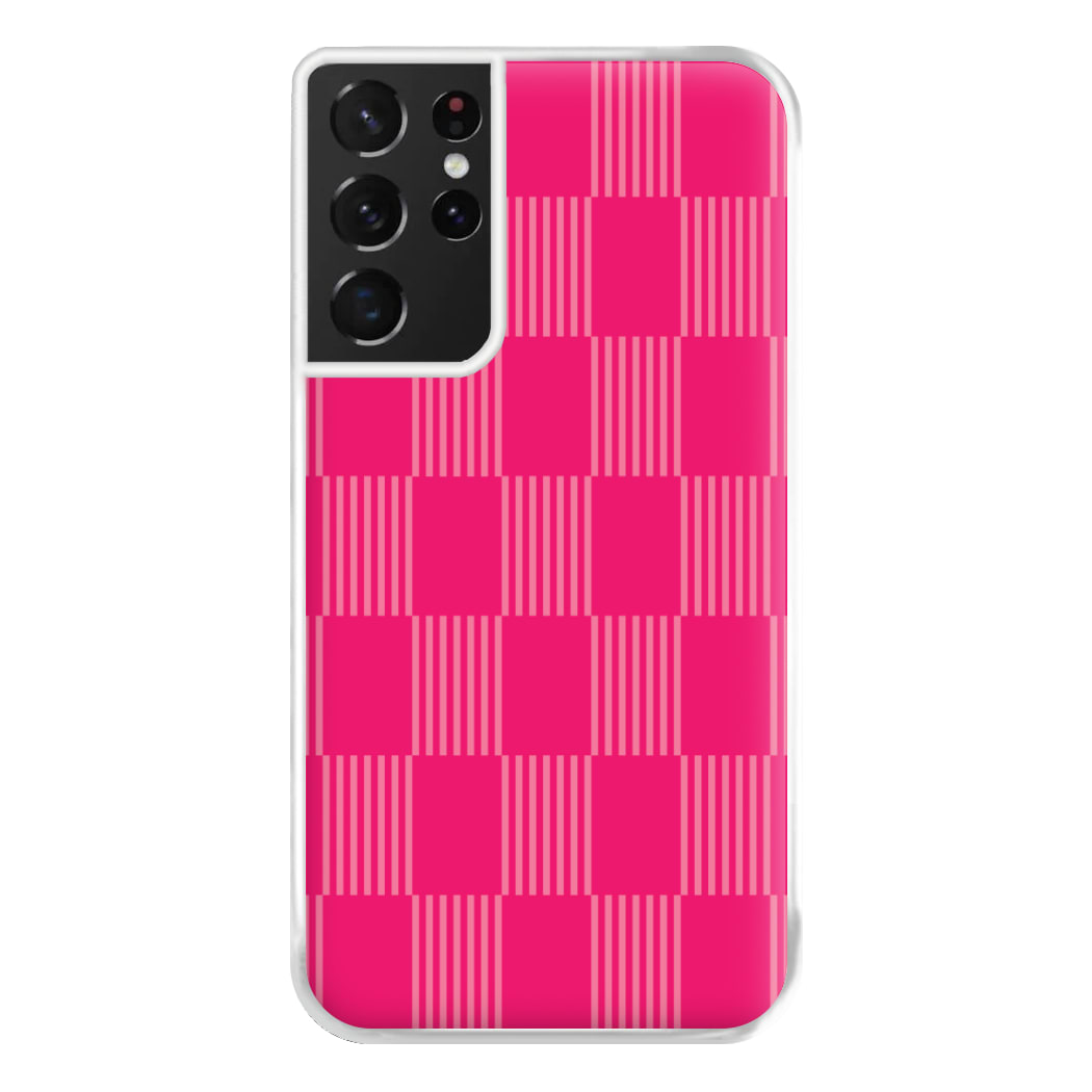 Neon Pink Checkered Abstract Pattern Phone Case for Galaxy S21 Ultra