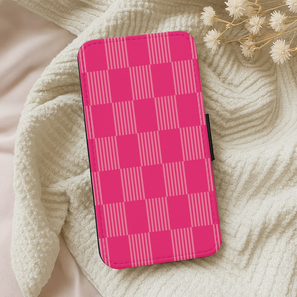 Neon Pink Checkered Abstract Pattern Wallet Phone Case