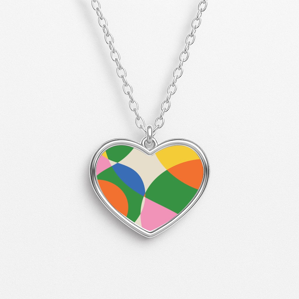 Colourful Abstract Shapes Pattern Heart Necklace