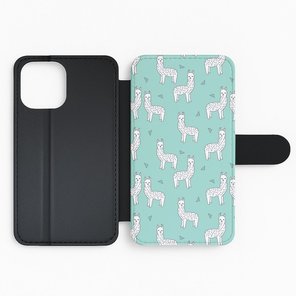 Mint Alpaca Pattern Flip Wallet Phone Case