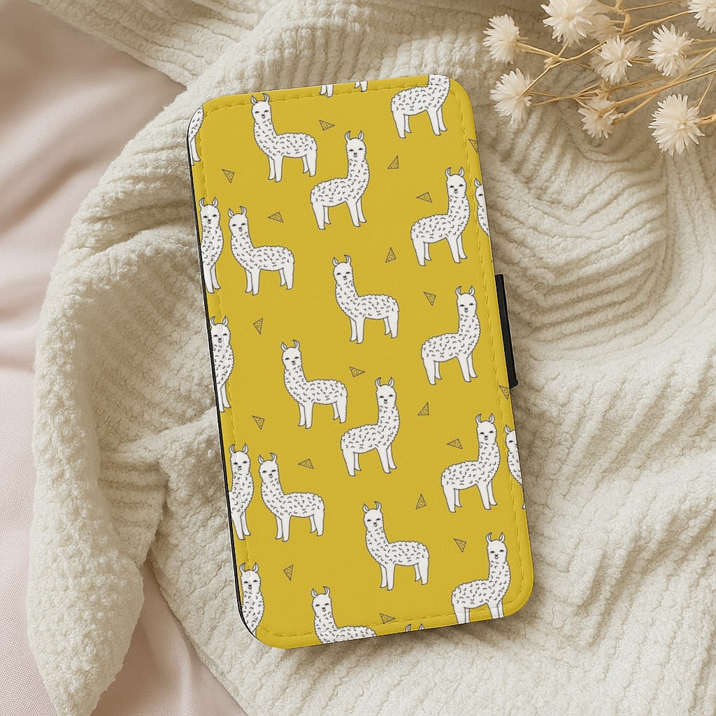 Mustard Alpaca Pattern Flip Wallet Phone Case