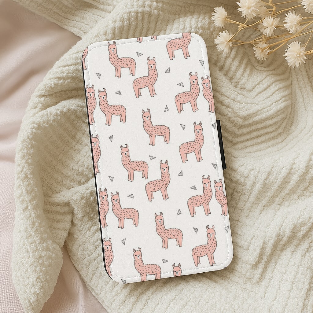 Pale Pink Alpaca Pattern Flip Wallet Phone Case