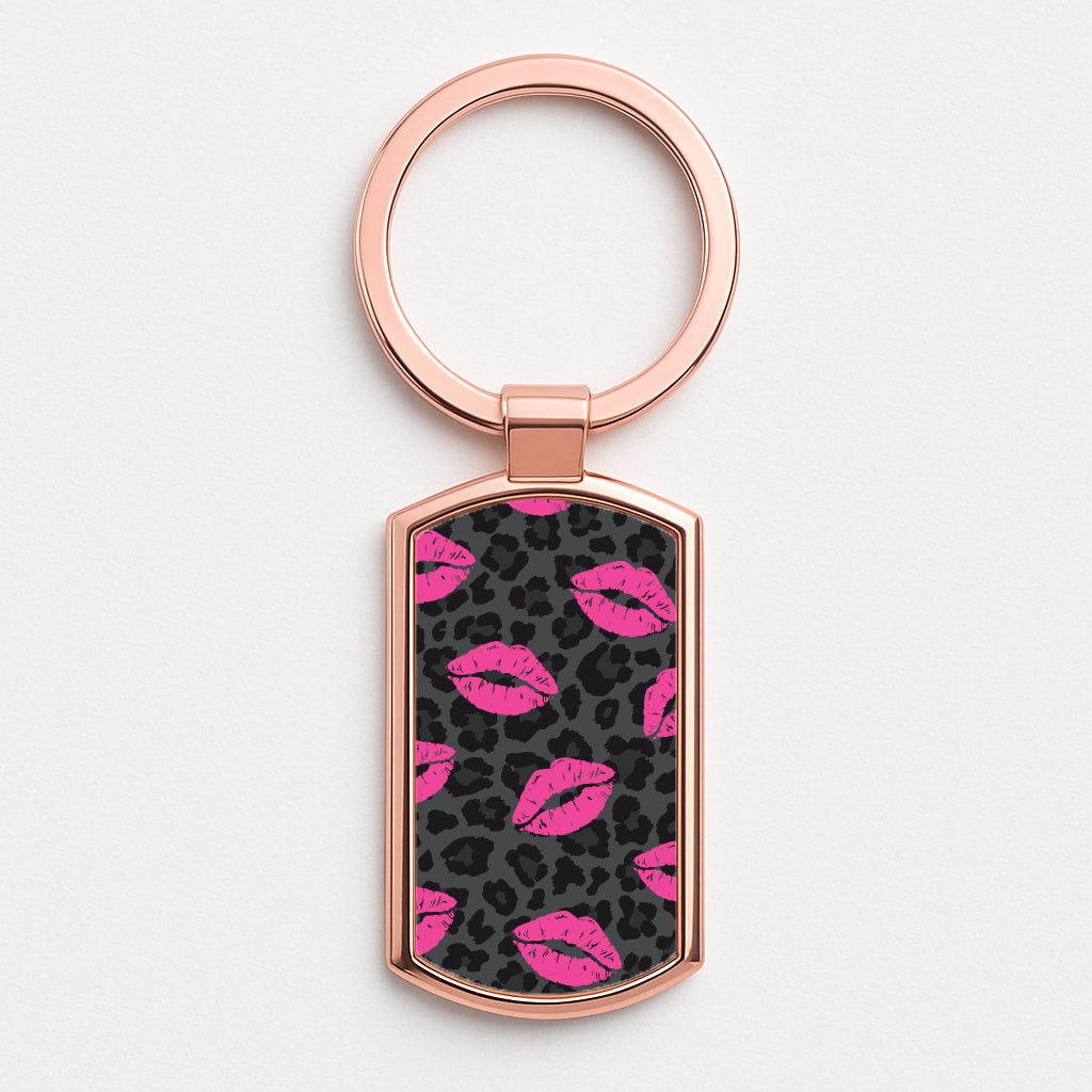 Pink Lipstick Cheetah Print Rose Gold Keyring
