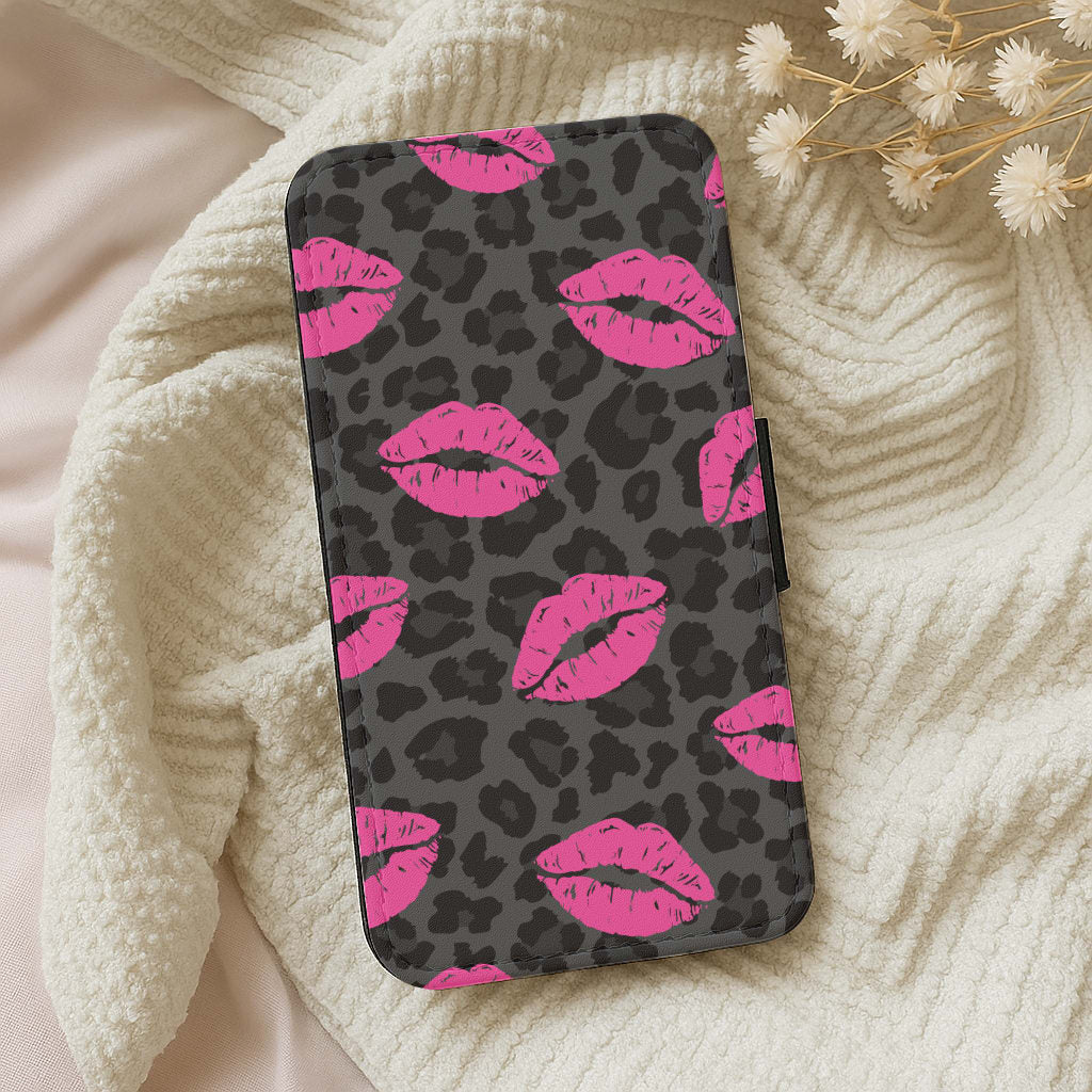 Pink Lipstick Cheetah Print Wallet Phone Case
