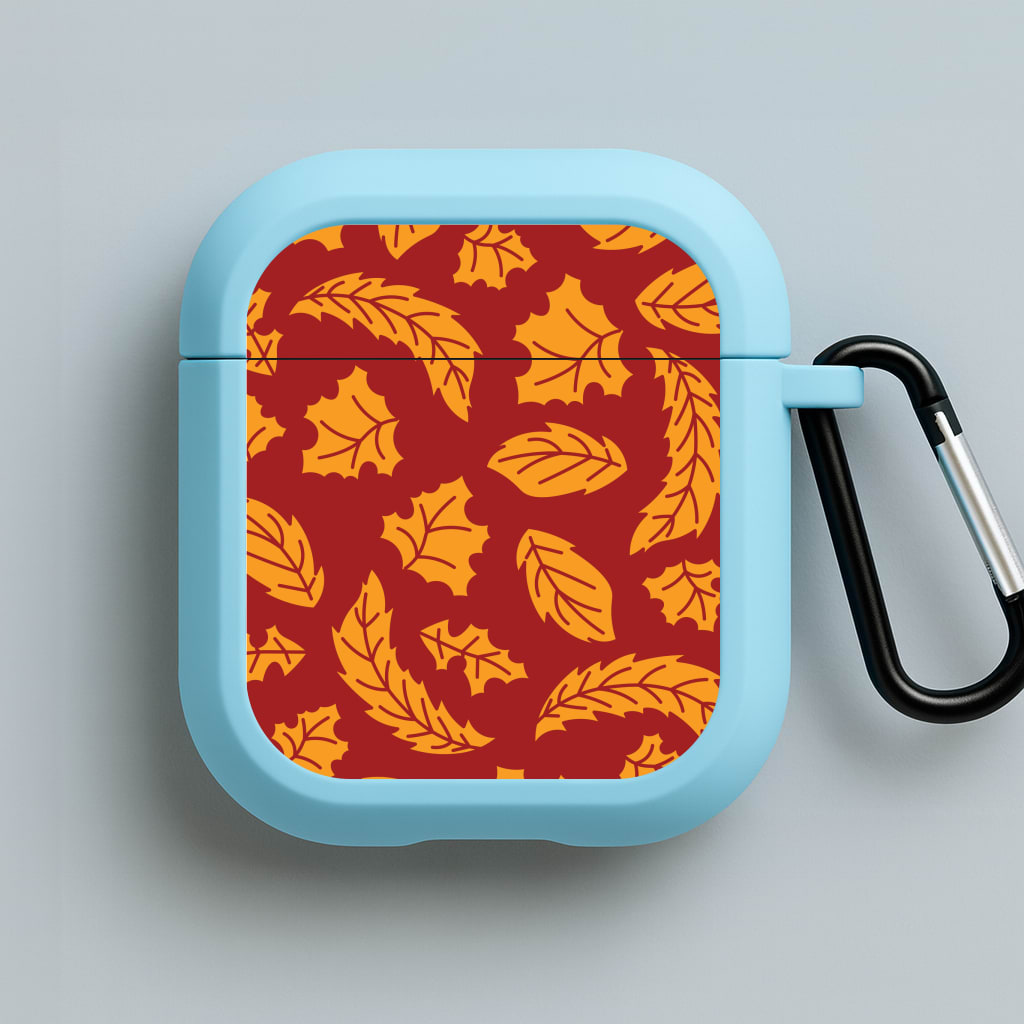 Orange Leaves Pattern Blue AirPods Case