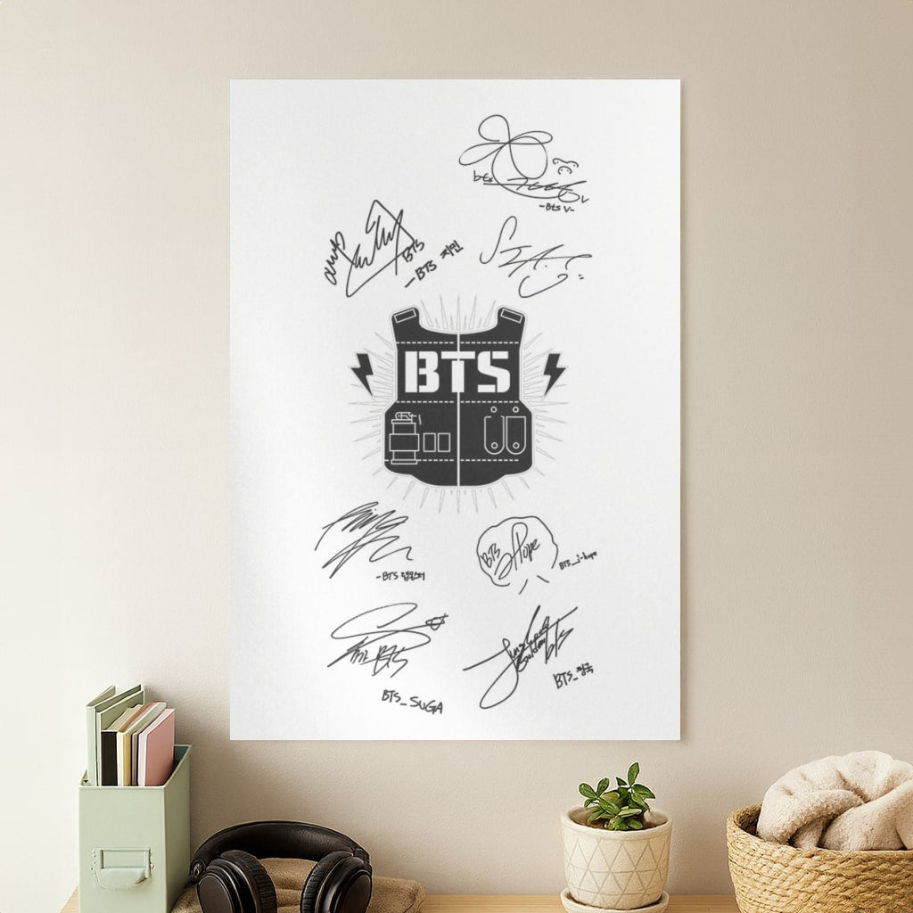 White K-Pop Band Army Logo and Signatures Poster