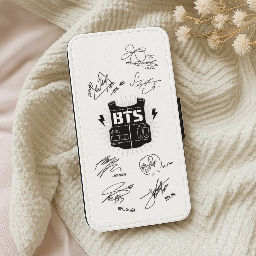 White K-Pop Band Army Logo and Signatures Flip Wallet Phone Case