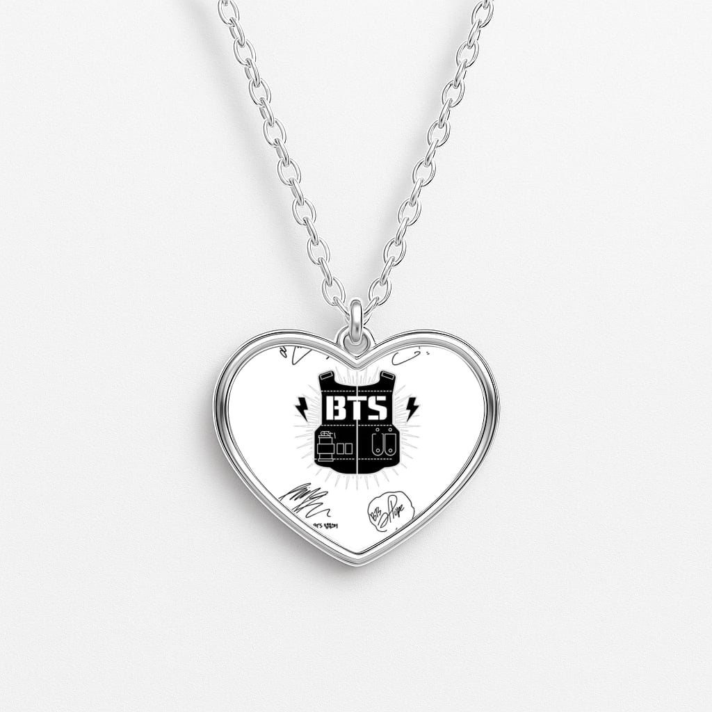 White K-Pop Band Army Logo and Signatures Heart Necklace