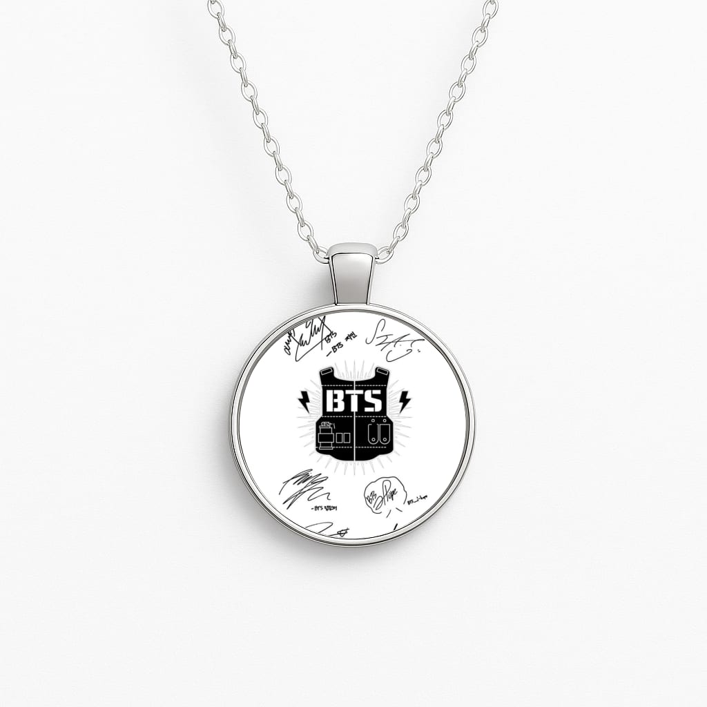 White K-Pop Band Army Logo and Signatures Circle Necklace