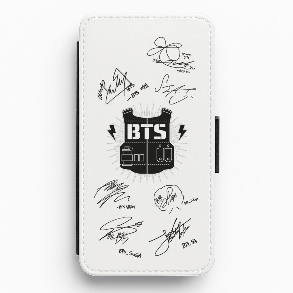 White K-Pop Band Army Logo and Signatures Flip Wallet Phone Case