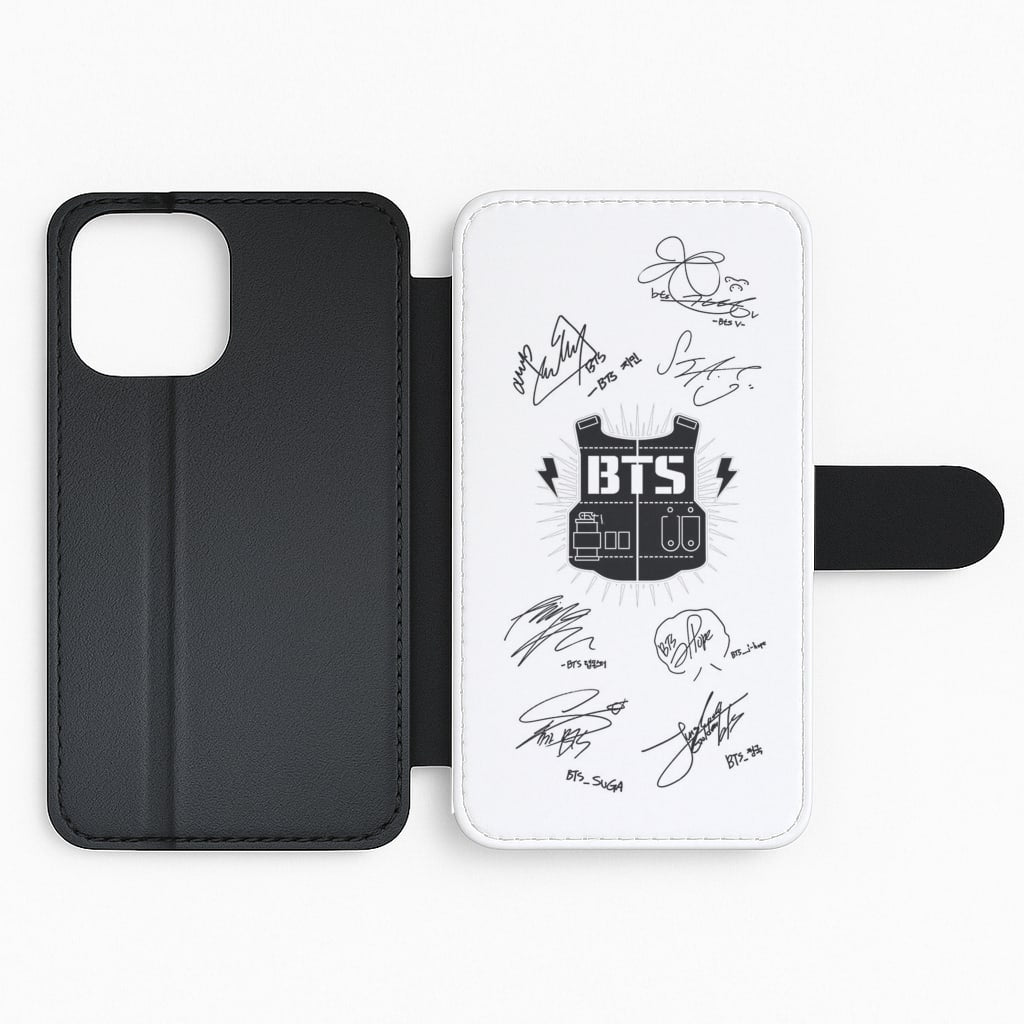 White K-Pop Band Army Logo and Signatures Flip Wallet Phone Case
