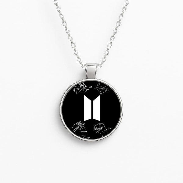 Black K-Pop Band Logo and Signatures Circle Necklace