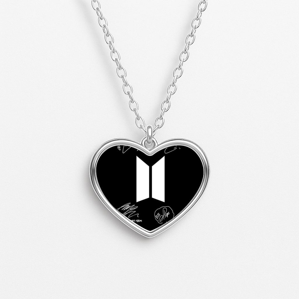Black K-Pop Band Logo and Signatures Heart Necklace
