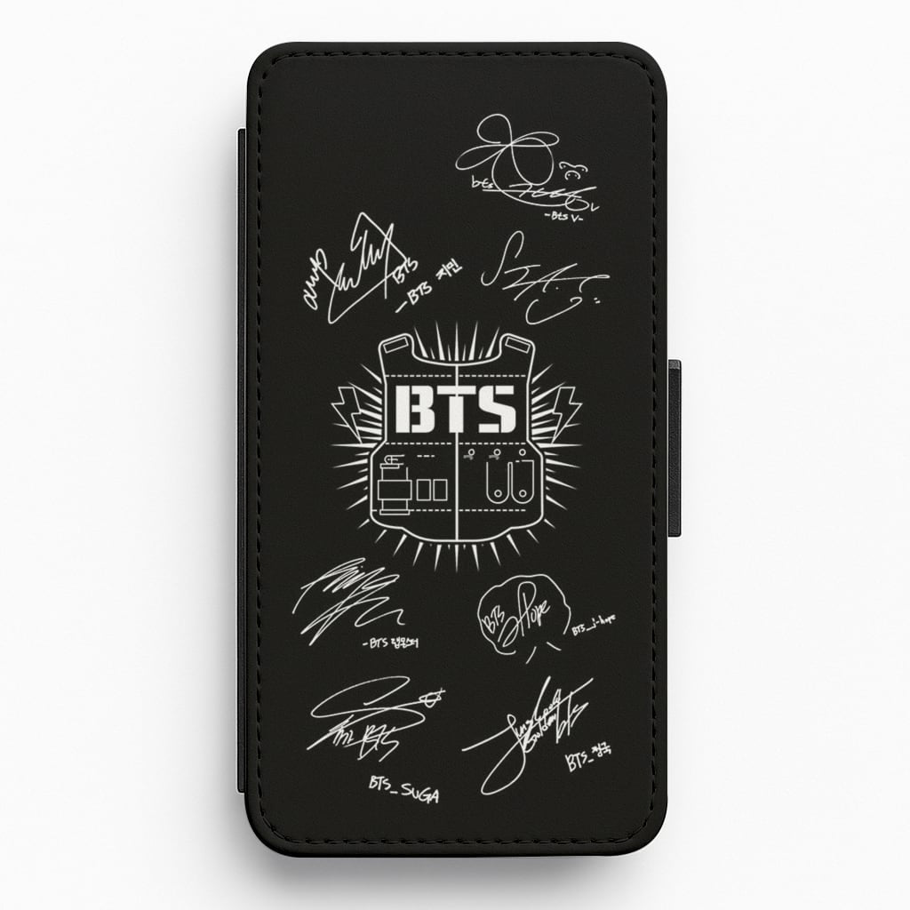 Black K-Pop Band Army Logo and Signatures Flip Wallet Phone Case