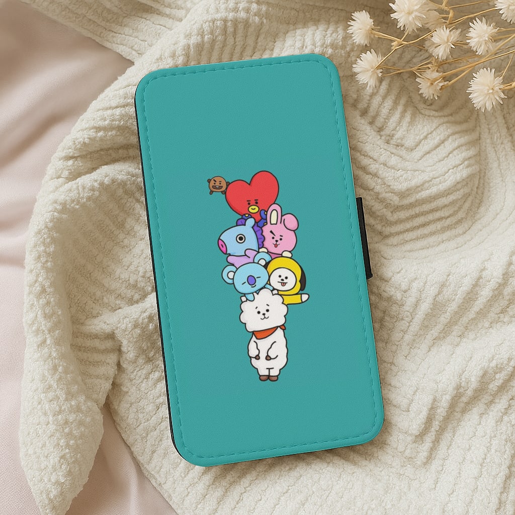 Green BT21 - RJ, Mang, Koya, Chimmy, Cooky, Shooky, Tata - K Pop Flip Wallet Phone Case