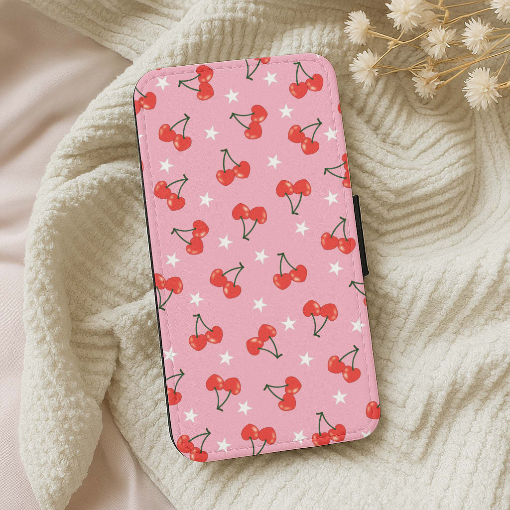 Heart Cherries And Stars Pattern Wallet Phone Case