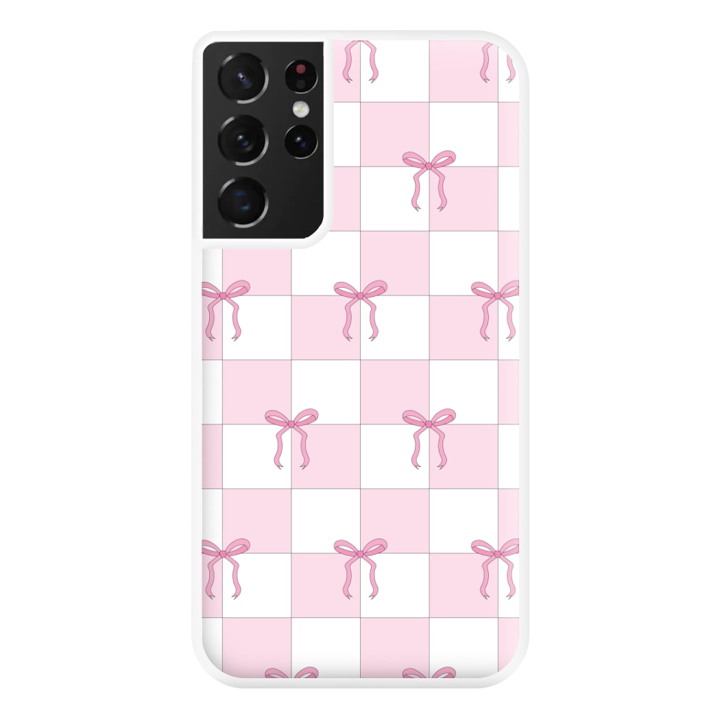 Checkered Pink Coquette Bows Phone Case for Galaxy S21 Ultra