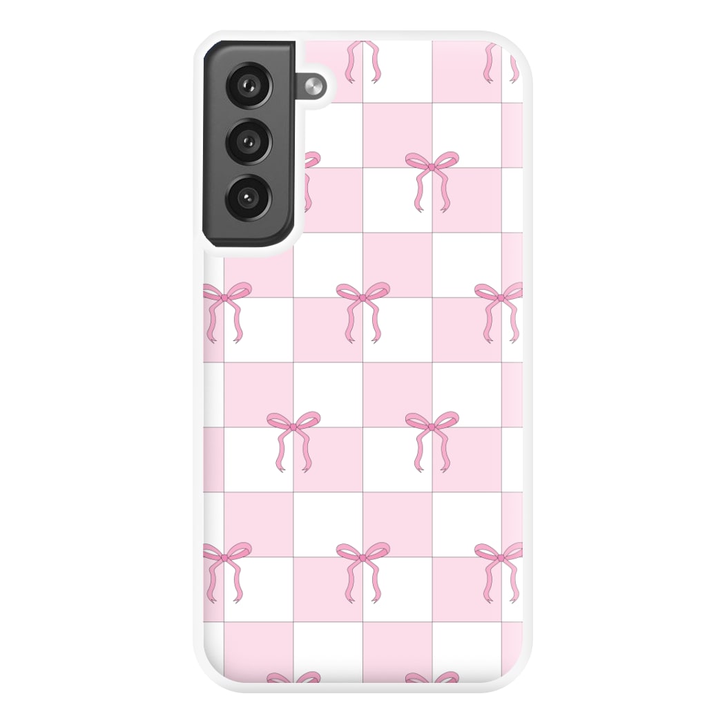 Checkered Pink Coquette Bows Phone Case for Galaxy S21FE