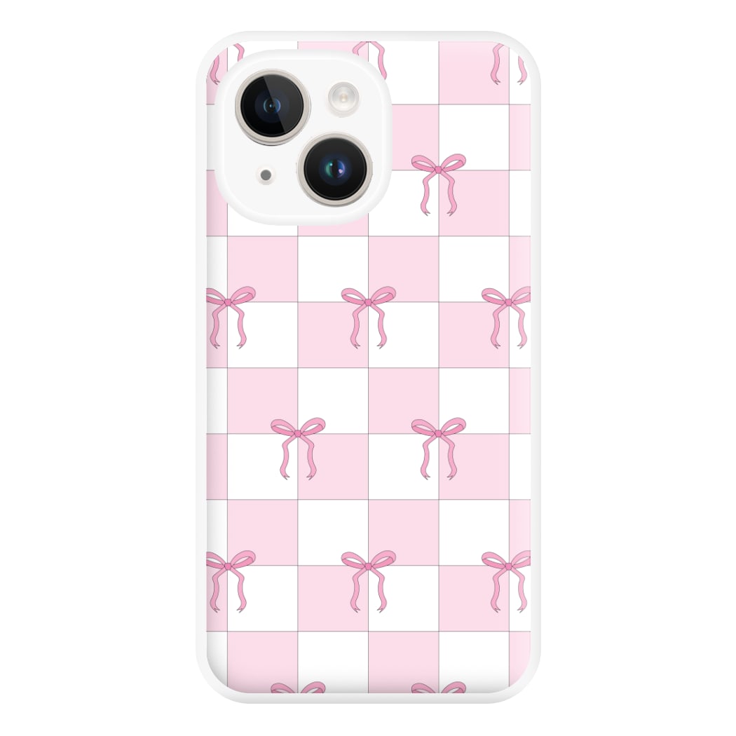 Checkered Pink Coquette Bows Phone Case for iPhone 14 Plus