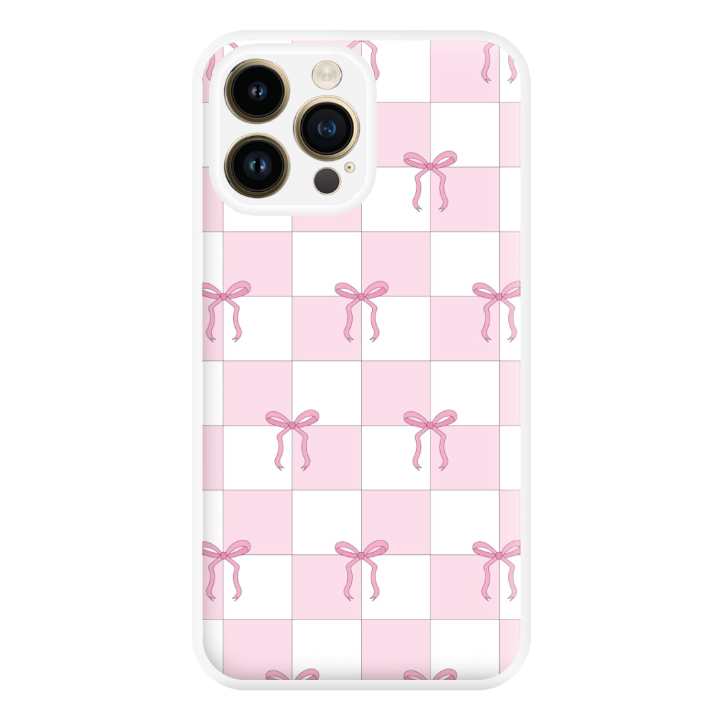 Checkered Pink Coquette Bows Phone Case for iPhone 14 Pro Max