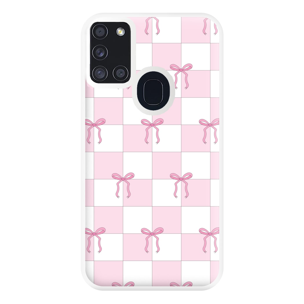 Checkered Pink Coquette Bows Phone Case for Galaxy A21s