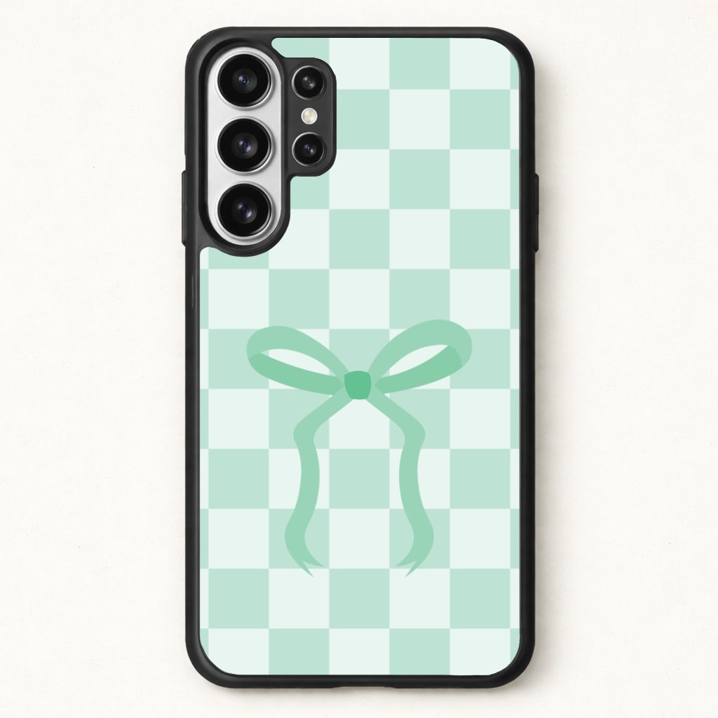 Checkered Coquette Bow Cyan Phone Case for Galaxy S26 Ultra