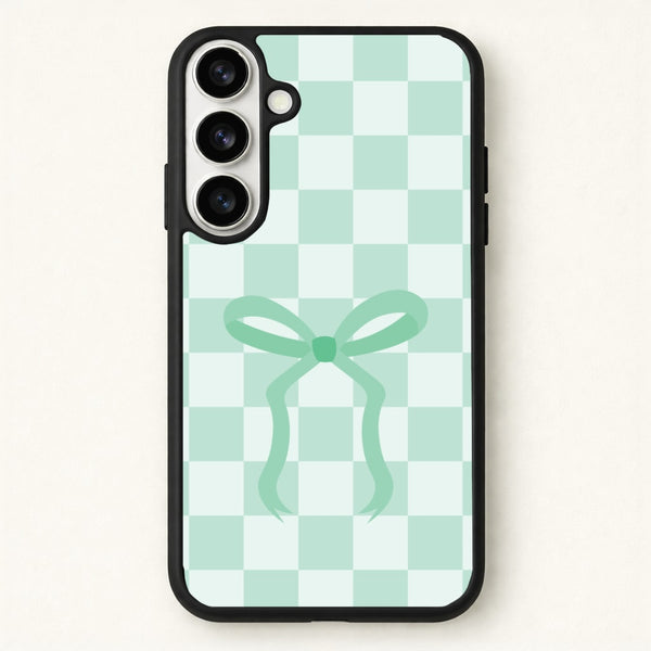 Checkered Coquette Bow Cyan Phone Case for Galaxy S26