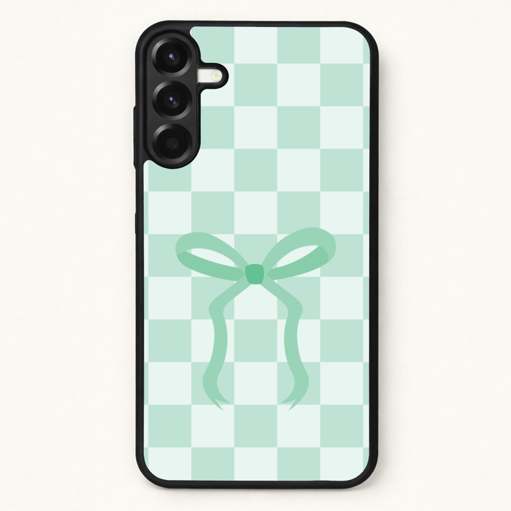 Checkered Coquette Bow Cyan Phone Case for Galaxy A17