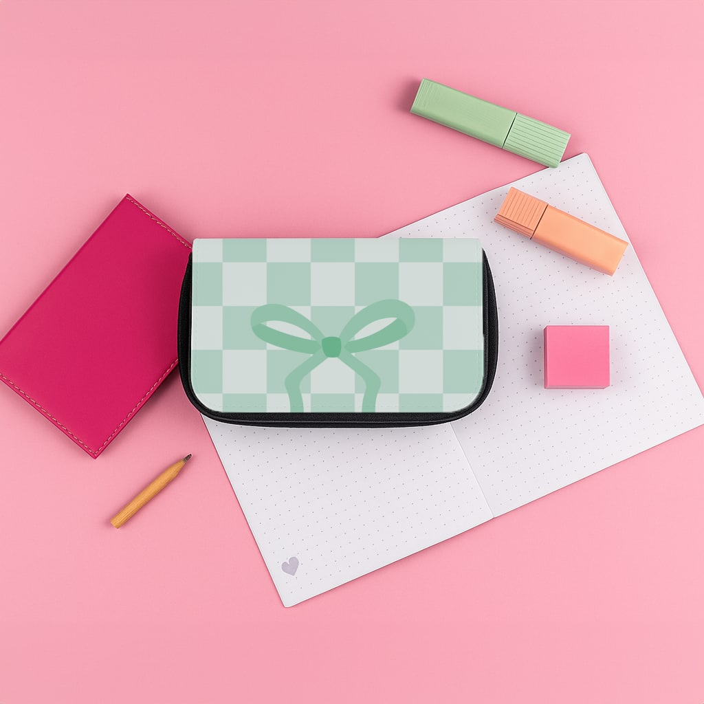 Checkered Coquette Bow Cyan Pencil Case